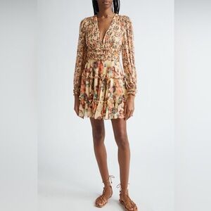 Ulla Johnson Orange Cream Pleated Sundress with Bishop Sleeves